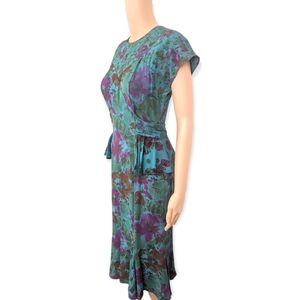 Carole Little Dress Print Retro Blue Rayon Floral